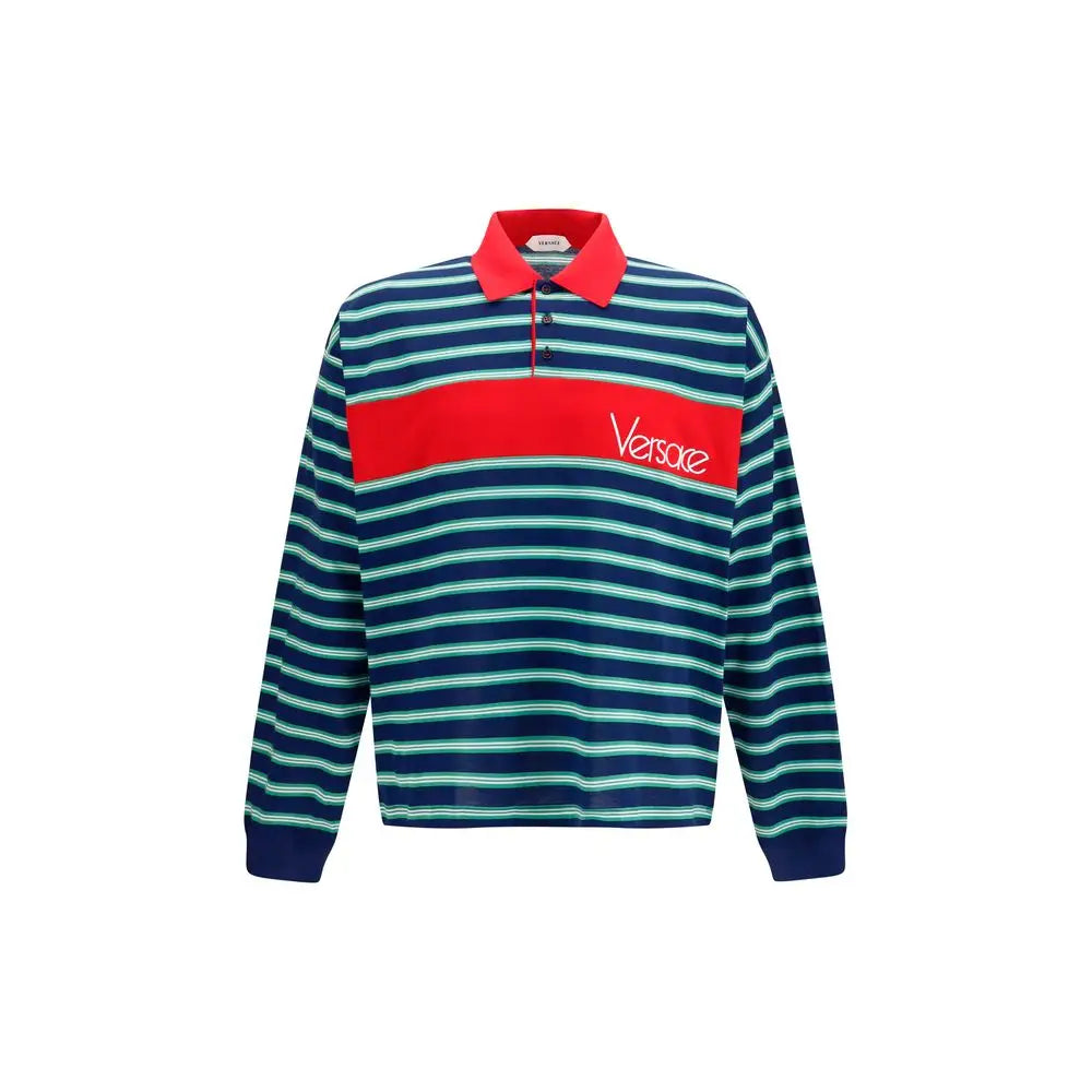 Polo shirt en coton versace multicolore avec rayures bleu marine et teal manches longues col rouge et logo blanc