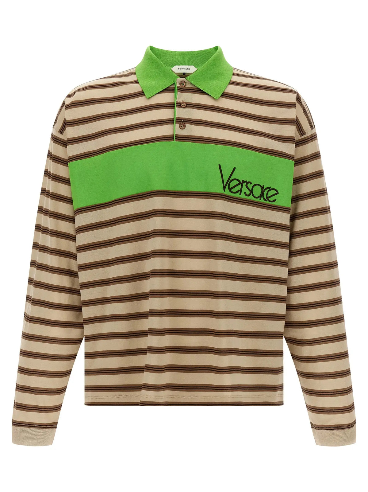 Versace multicolor cotton polo shirt with vibrant green and beige stripes and neon green collar and embroidered logo