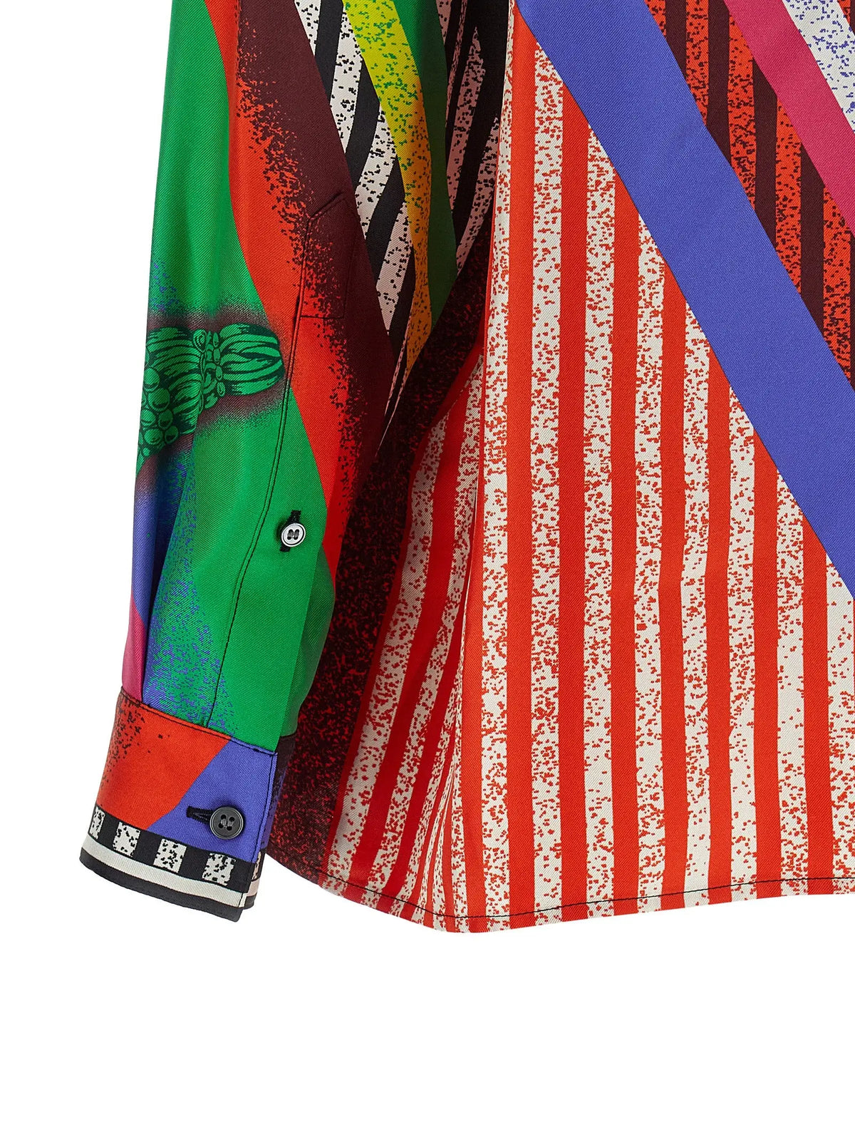 Chemisier versace multicolore en soie avec manches longues motifs géométriques vifs et section rayée rouge et blanc