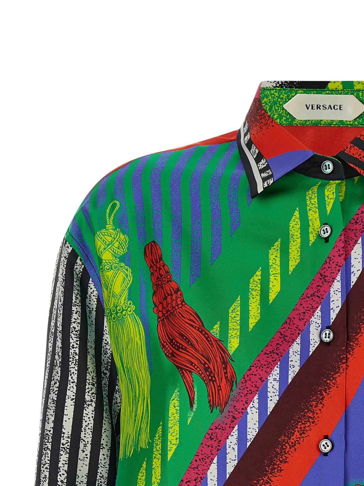 Chemise versace en soie multicolore avec rayures vives vertes et imprimés tassel audacieux