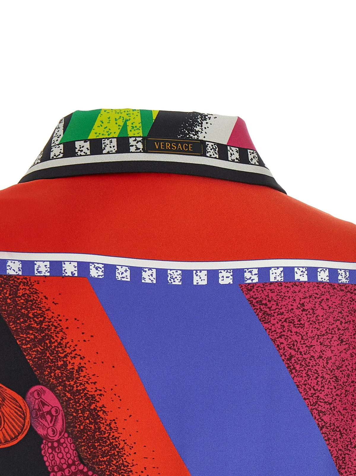 Blouse en soie versace multicolore avec motif graphique audacieux rouge et bleu à formes géométriques et textures tachetées