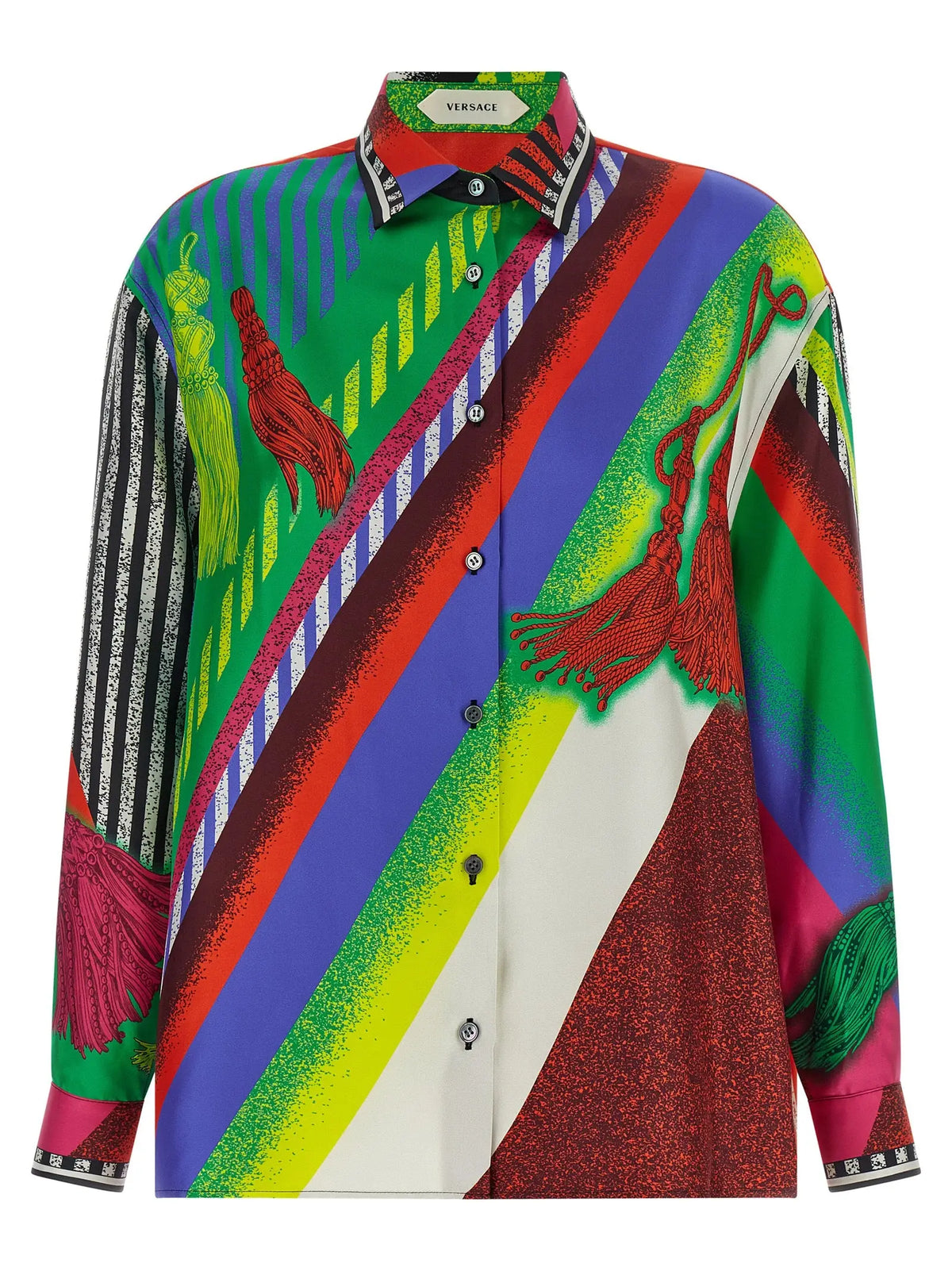 Versace multicolor silk blouse with bold green blue red yellow diagonal stripes glittery accents and tassel motifs