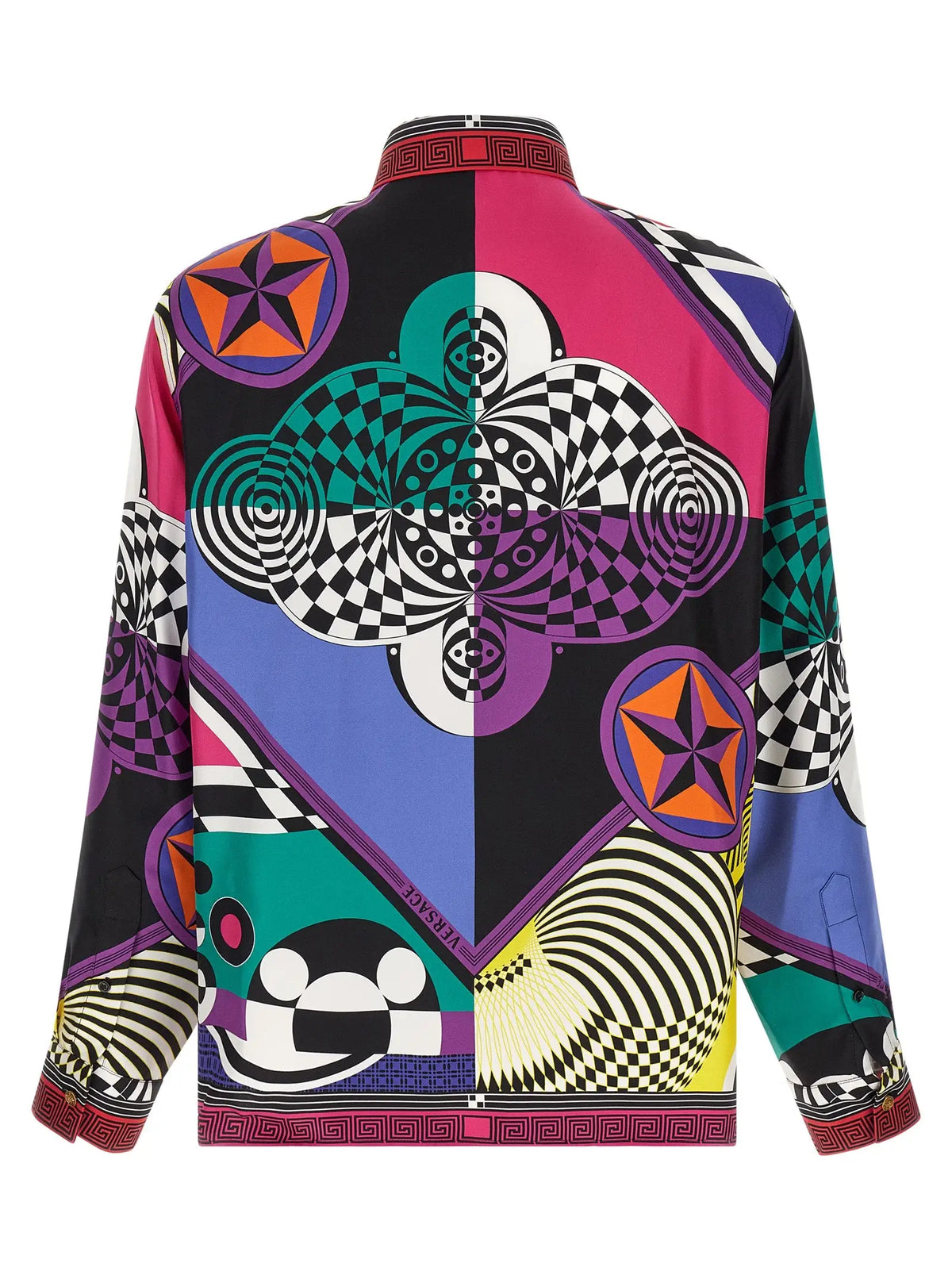 Chemise versace multicolore en soie pour homme avec motif géométrique audacieux et bordure grecque aux poignets et col