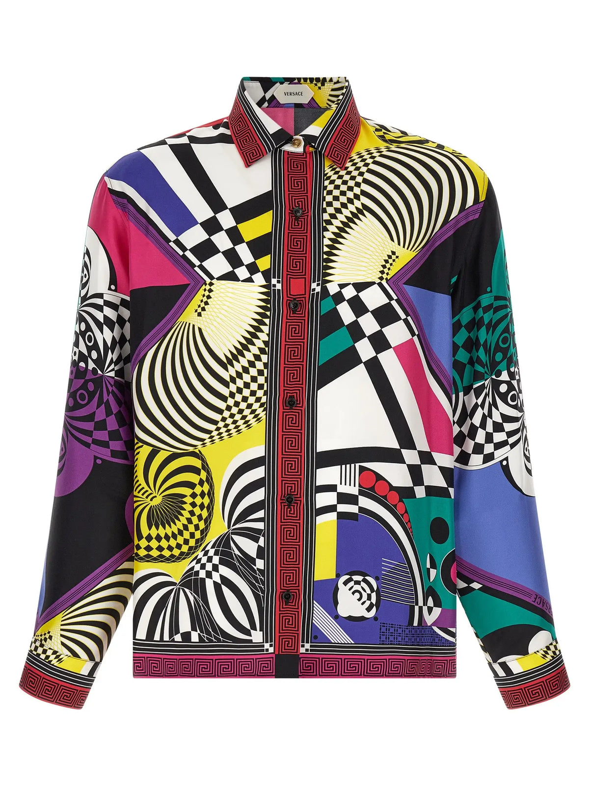 Chemise homme versace multicolore en soie avec motif géométrique vibrant noir blanc jaune violet et rose col classique