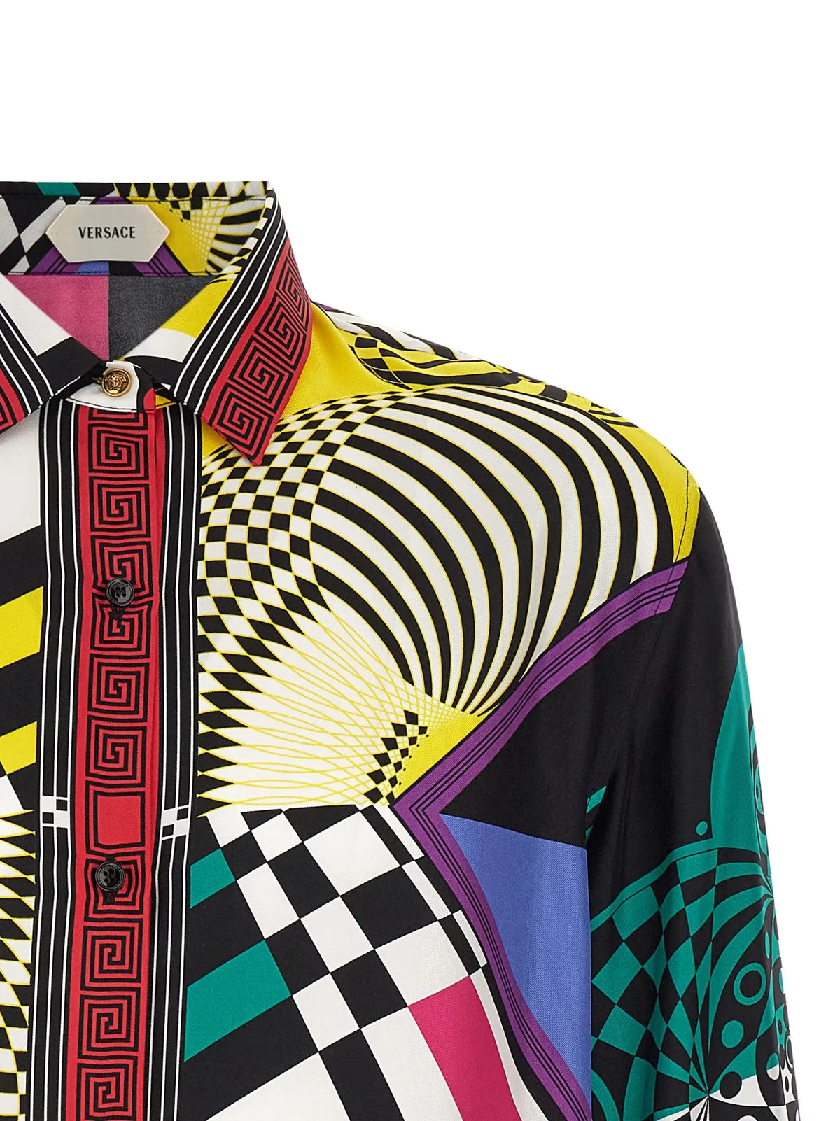 Chemise versace multicolore en soie avec motifs géométriques audacieux en noir blanc jaune rose bleu et violet