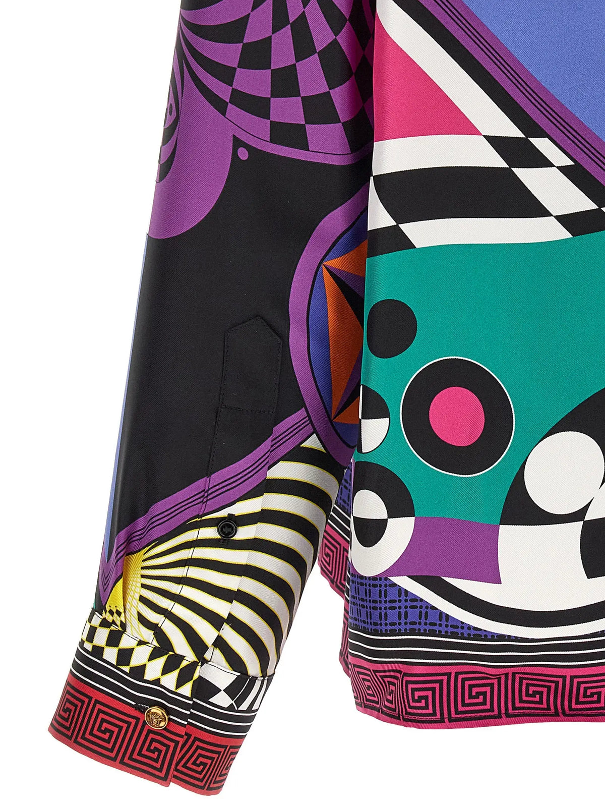 Veste versace multicolore en soie avec motif géométrique violet noir bleu rose blanc et bordure grecque aux poignets