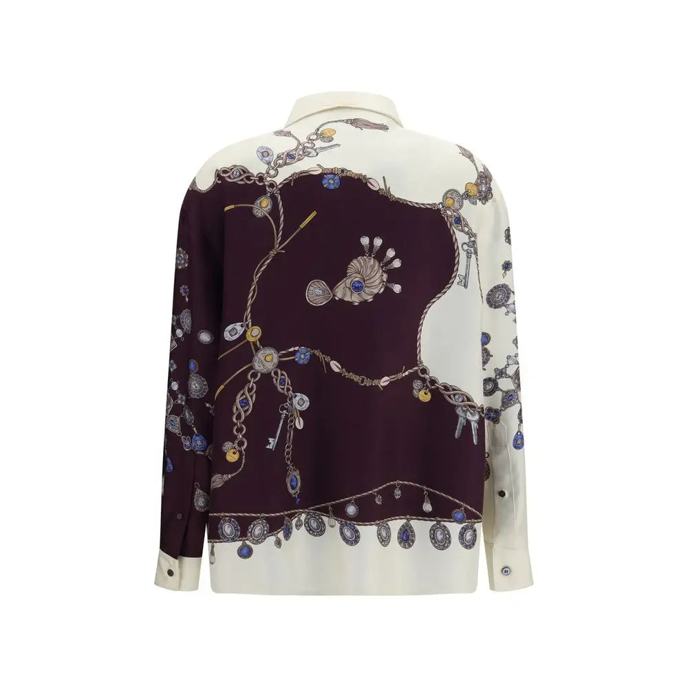 Chemise en soie multicolore versace luxueuse bordeaux et crème avec imprimé chaînes clés coquillages et accents pierres bleues