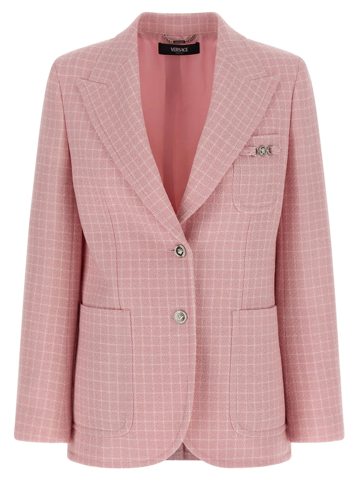 Blazer versace multicolore en laine vierge rose avec motif à carreaux subtil et boutons argentés
