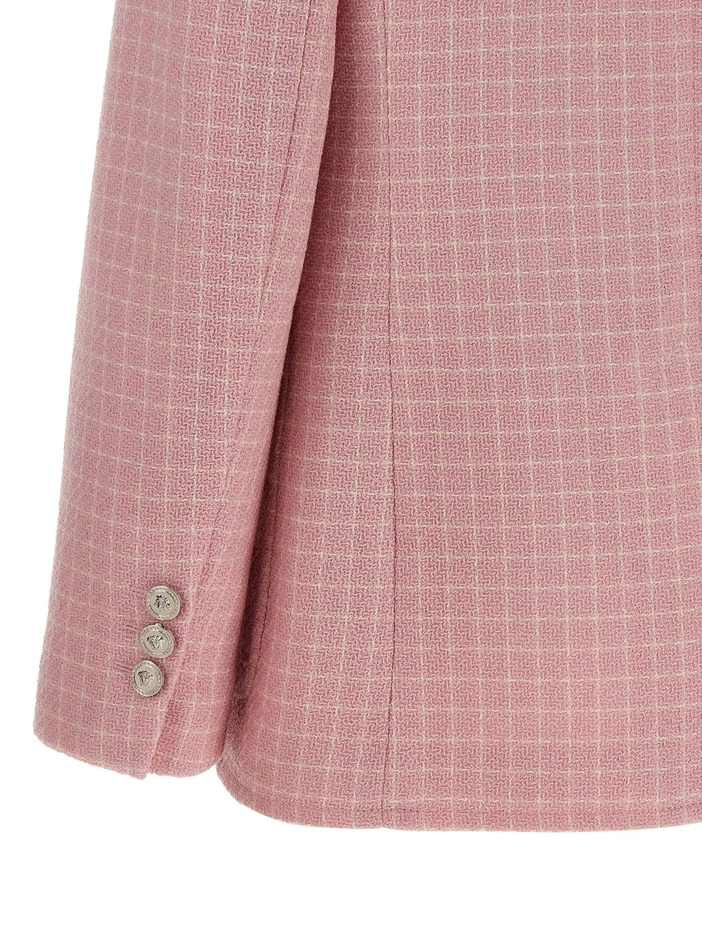 Blazer multicolore versace en laine vierge rose avec motif à carreaux subtil et trois boutons argentés sur la manche