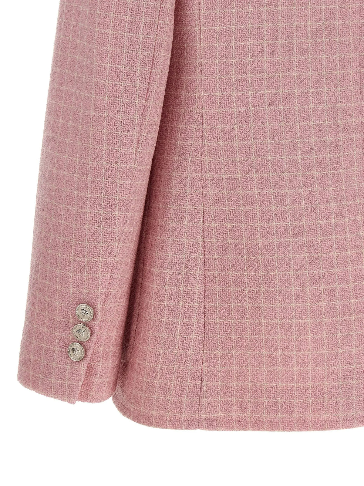 Blazer multicolore versace en laine vierge rose avec motif à carreaux subtil et trois boutons argentés sur la manche