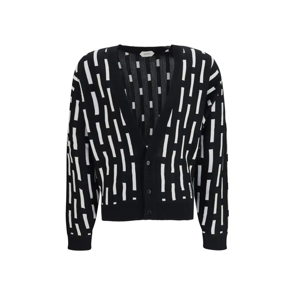 Cardigan versace multicolor en laine avec motif géométrique noir et blanc boutonné et col en v