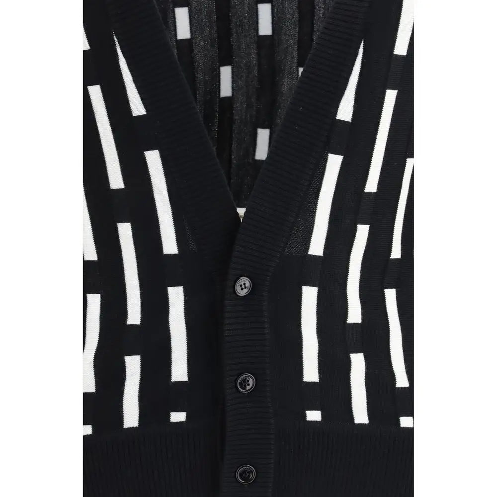 Cardigan versace multicolor en laine avec rayures noires et blanches et détail côtelé tricoté