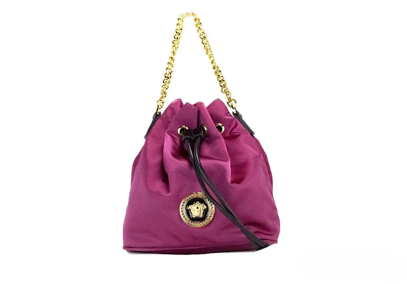 Un sac bandoulière versace small dahlia en nylon magenta avec médaillon medusa doré et fermeture à cordon noir