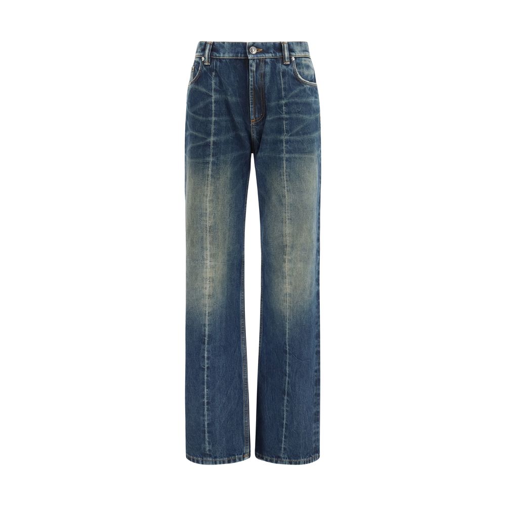 Jeans droits en coton bleu Versace, style classique, visible détails de couture et coupe droite.