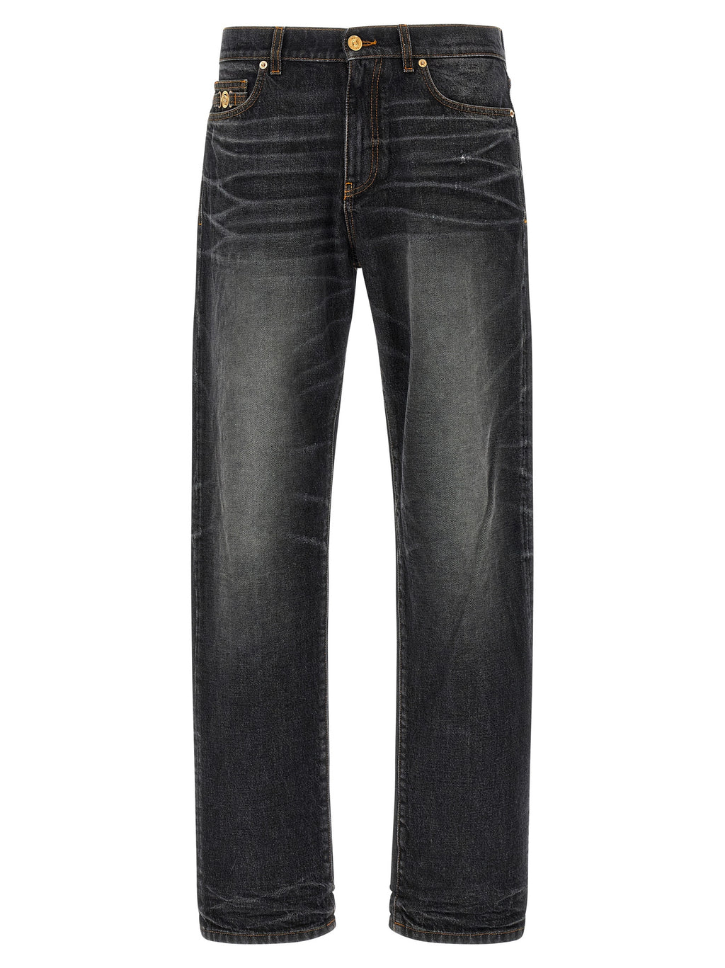 Jeans droits en coton noir de Versace, pantalon élégant avec coupe droite, détails de la marque, porté sur un mannequin.