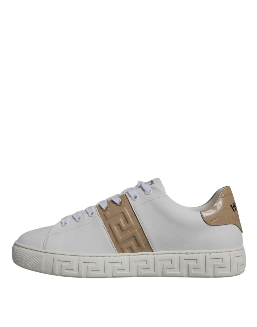 Versace sneaker homme blanche en cuir avec accents beige motif grec et logo imprimé en low top TPU