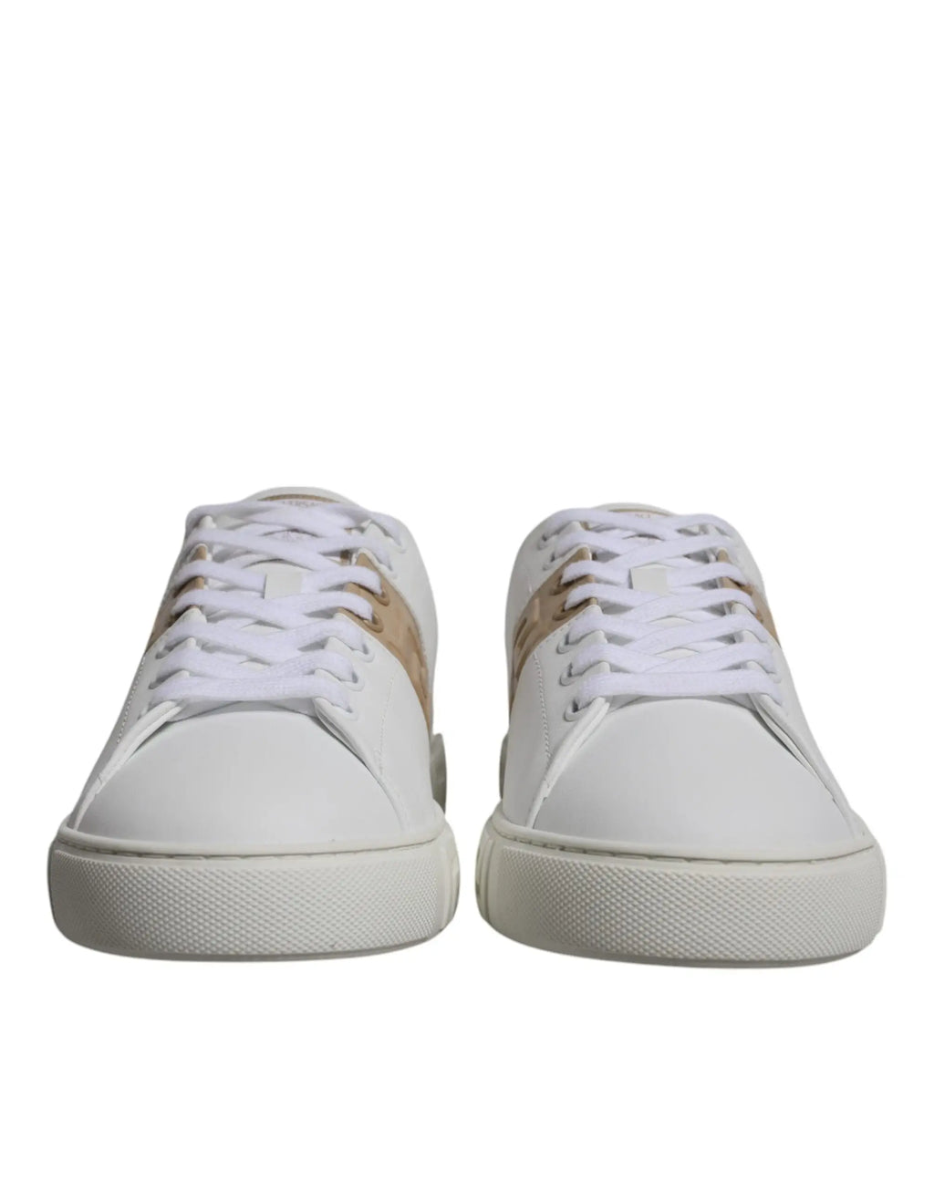 Baskets basses versace pour homme en cuir blanc avec rayures beiges et lacets blancs style greca imprimé tpu