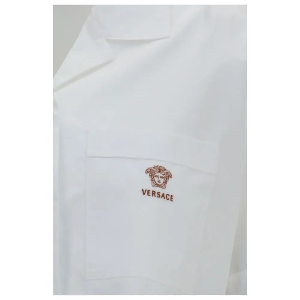 Blazer blanc versace en coton avec logo medusa marron brodé et nom de la marque sur la poche poitrine