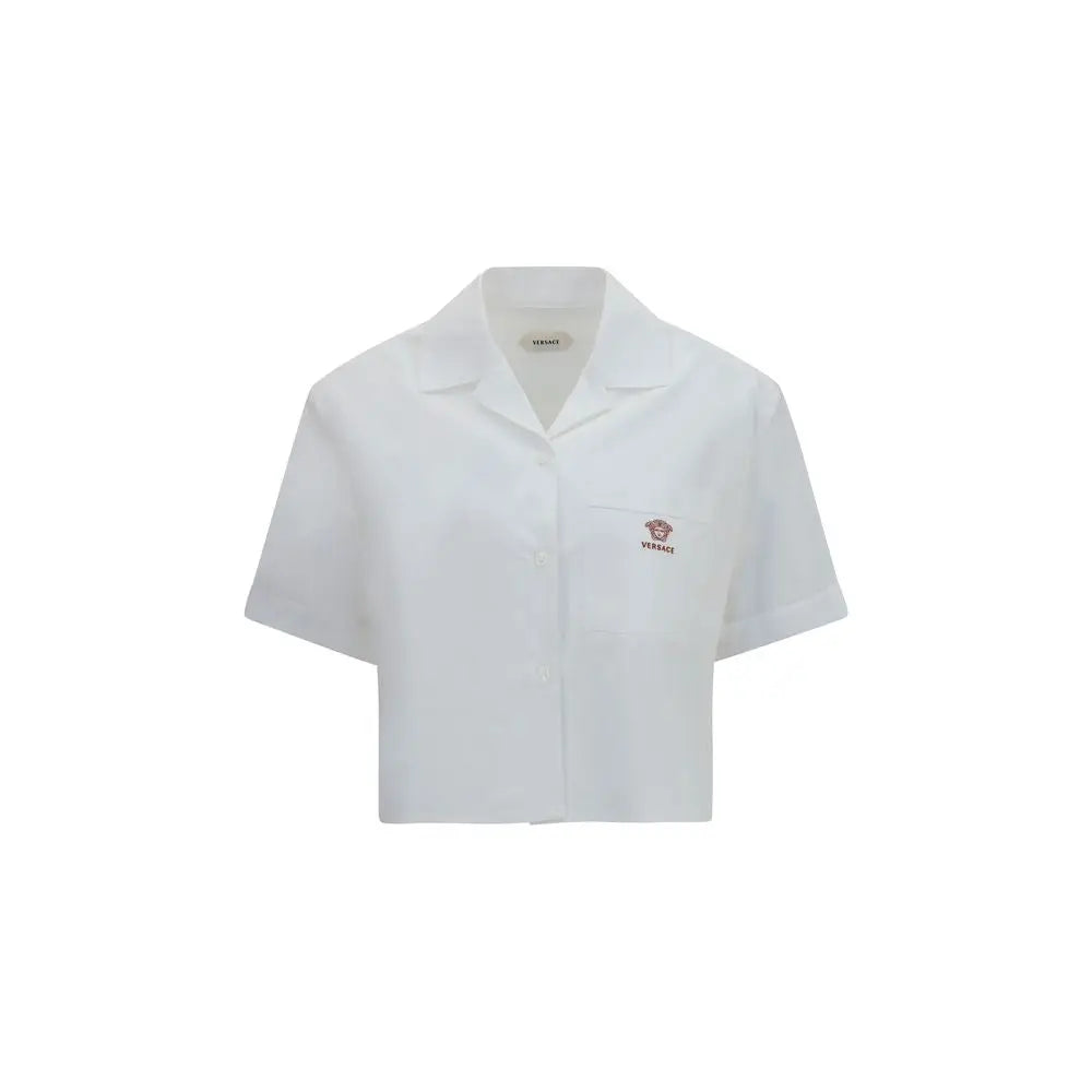 Chemise habillée blanche en coton versace avec col, manches courtes et logo brodé sur la poche poitrine