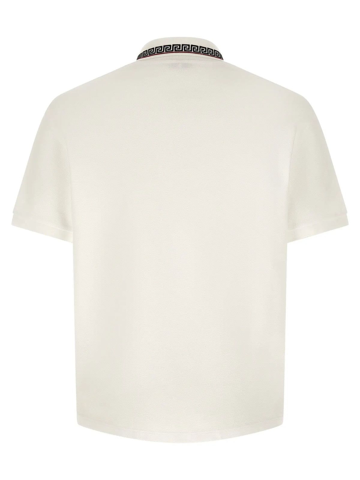 Polo versace blanc en coton avec manches courtes et col orné d un motif clé grec noir et blanc