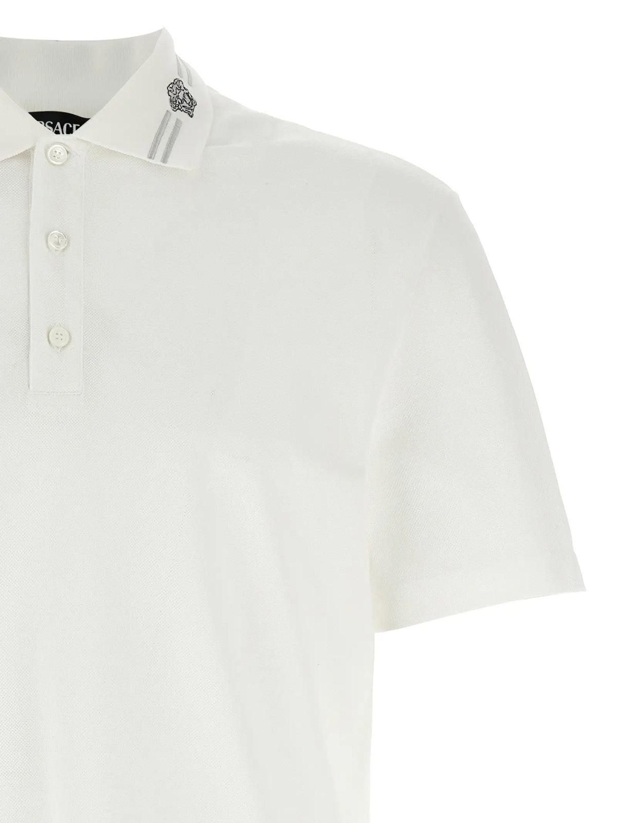 Versace white cotton polo shirt with subtle textured fabric silver toned buttons and embroidered logo on collar
