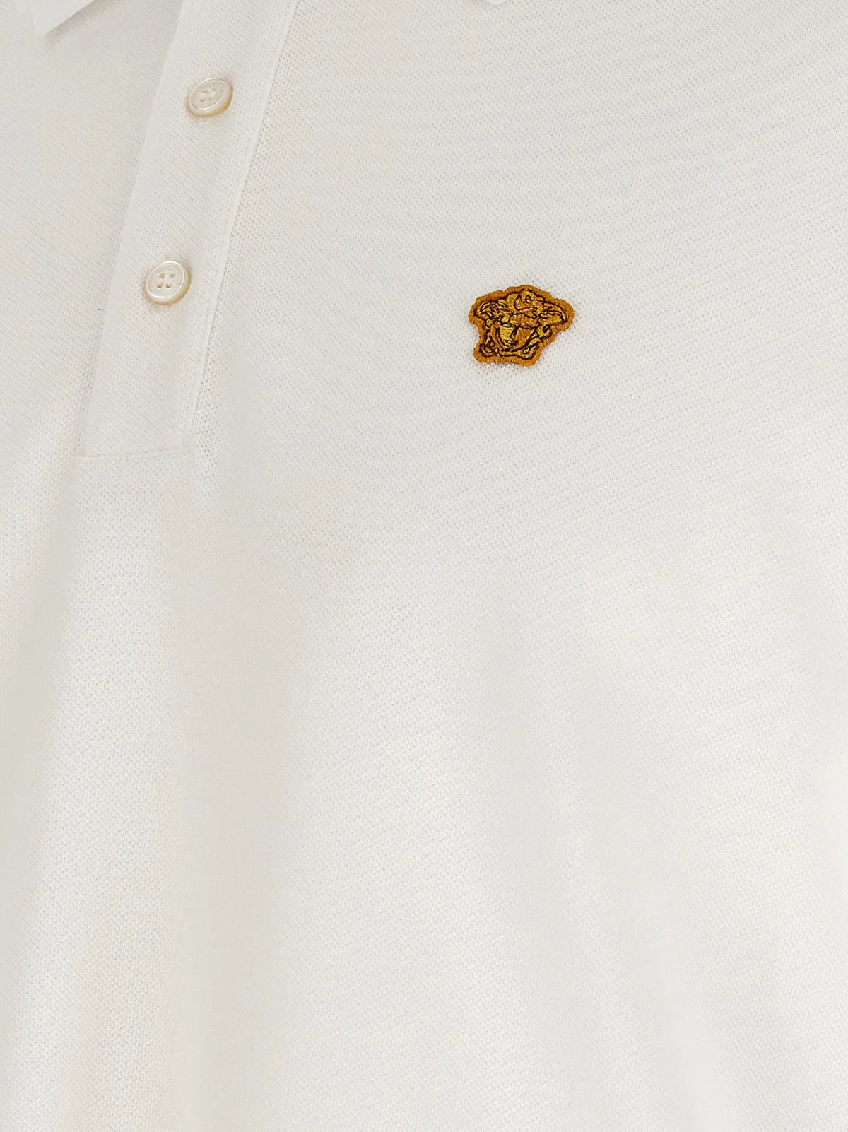 Versace white cotton polo shirt with gold-toned embroidered medusa head logo on the chest