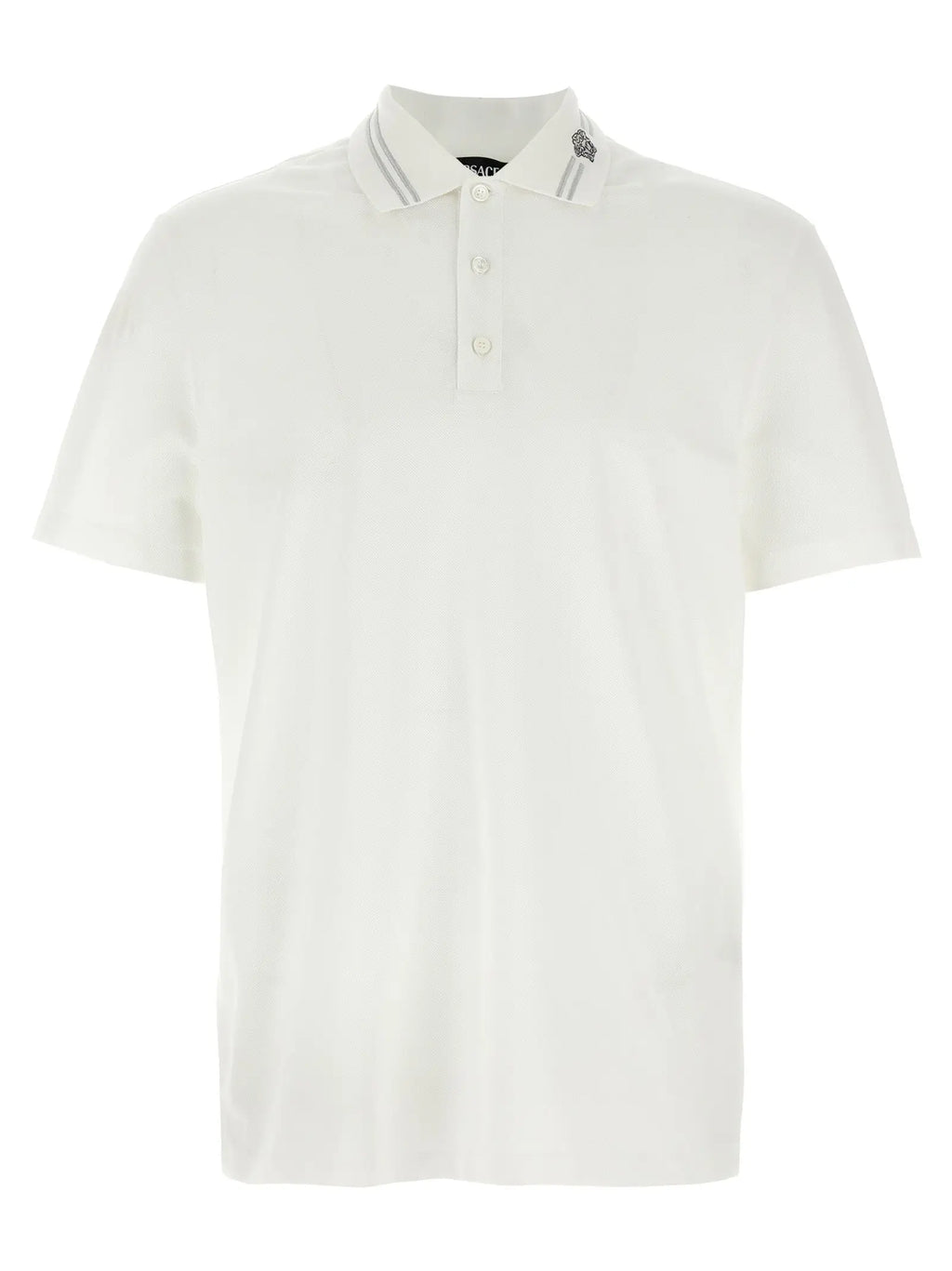 Polo versace blanc en coton avec tissu texturé subtil et col gris à rayures contrastantes
