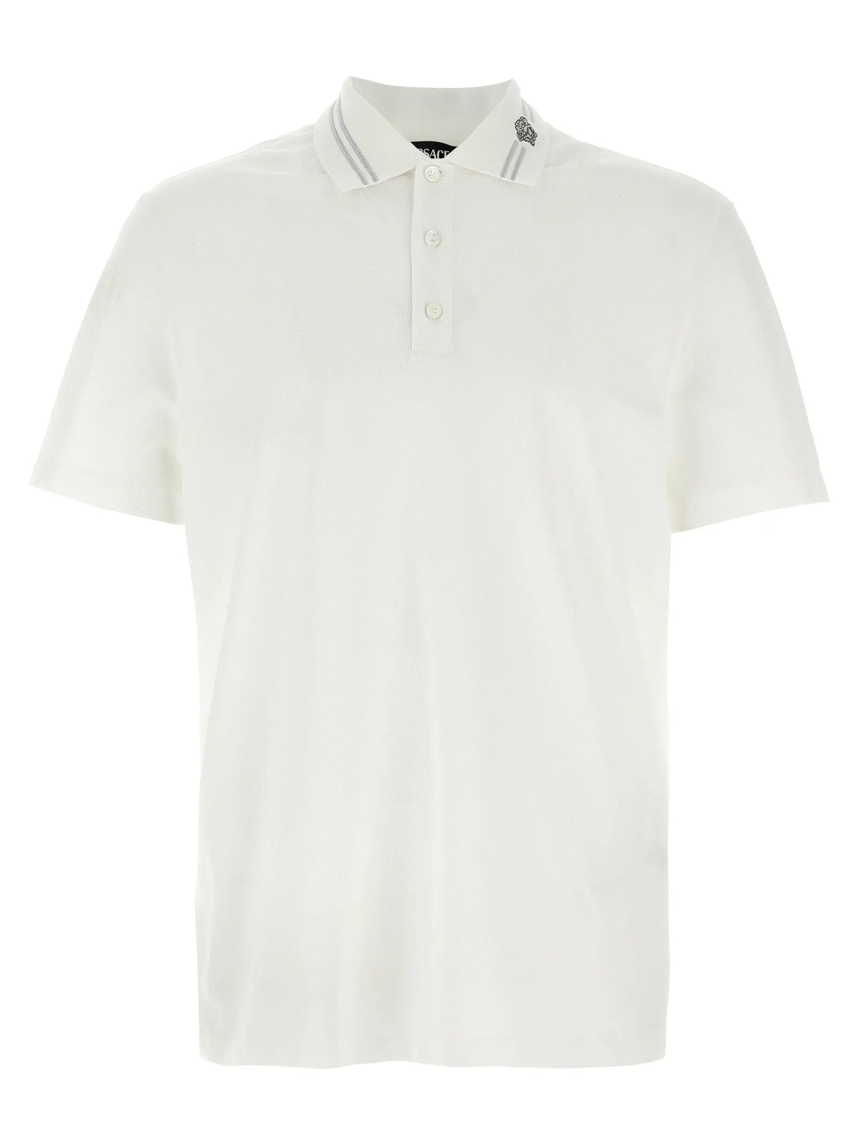 Polo versace blanc en coton avec tissu texturé subtil et col gris à rayures contrastantes