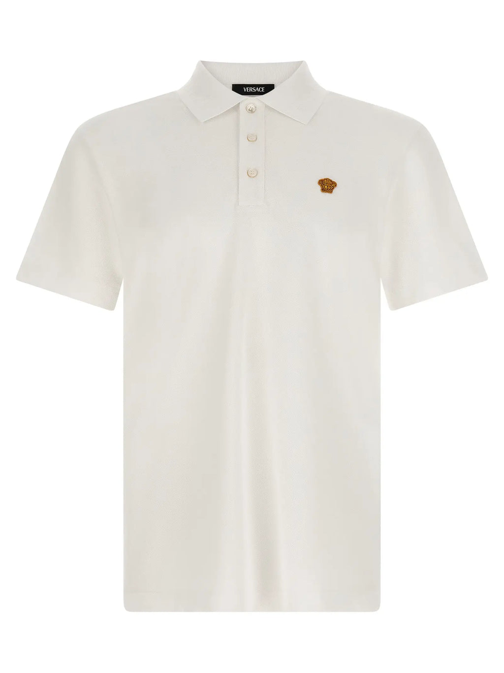 Versace polo blanc en coton avec col classique, patte de boutonnage trois boutons et logo tête de méduse brodé
