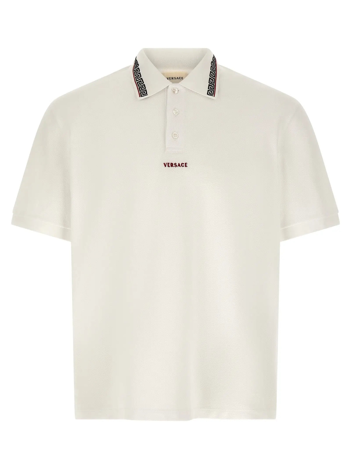 Versace white cotton polo shirt cream with black and white patterned collar trim and red embroidered branding