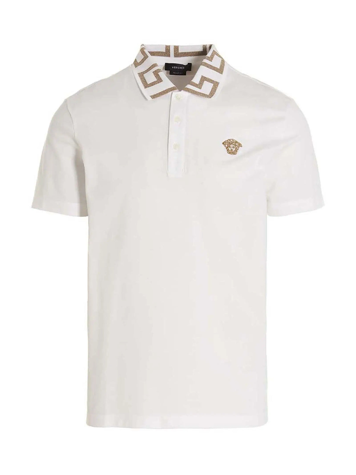 Polo versace blanc en coton avec broderie tête de méduse dorée sur la poitrine et col à motif géométrique