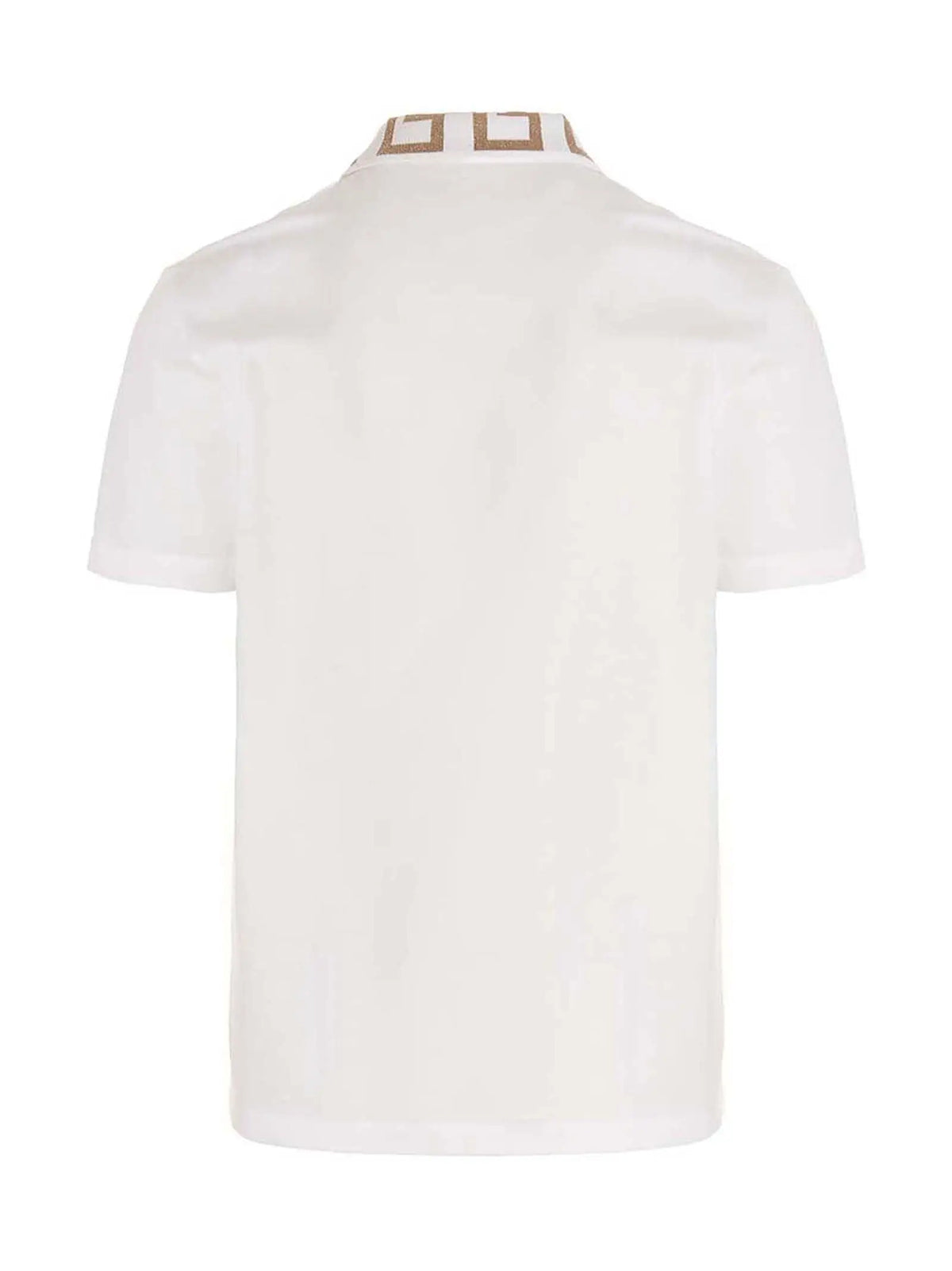 Polo en coton blanc versace avec col géométrique marron et blanc orné du motif medusa iconique