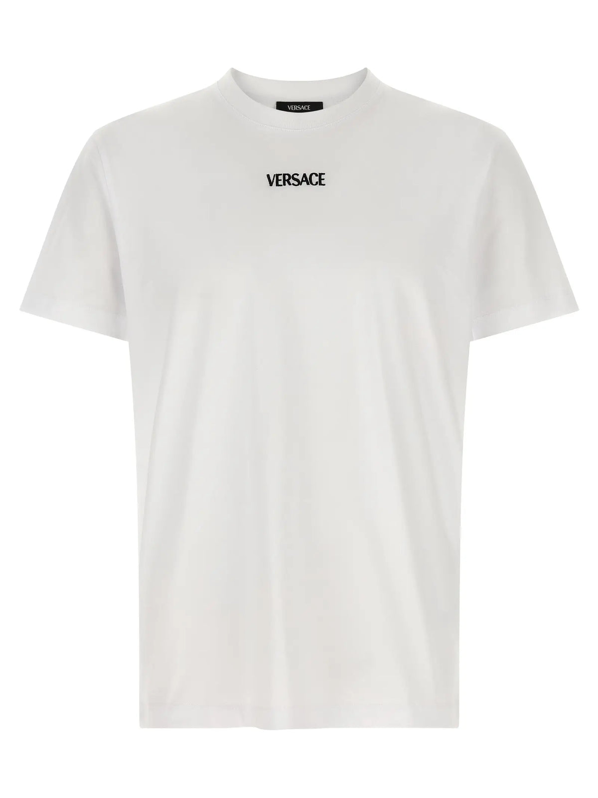 T-shirt versace blanc en coton avec logo noir brodé sur la poitrine et étiquette col visible