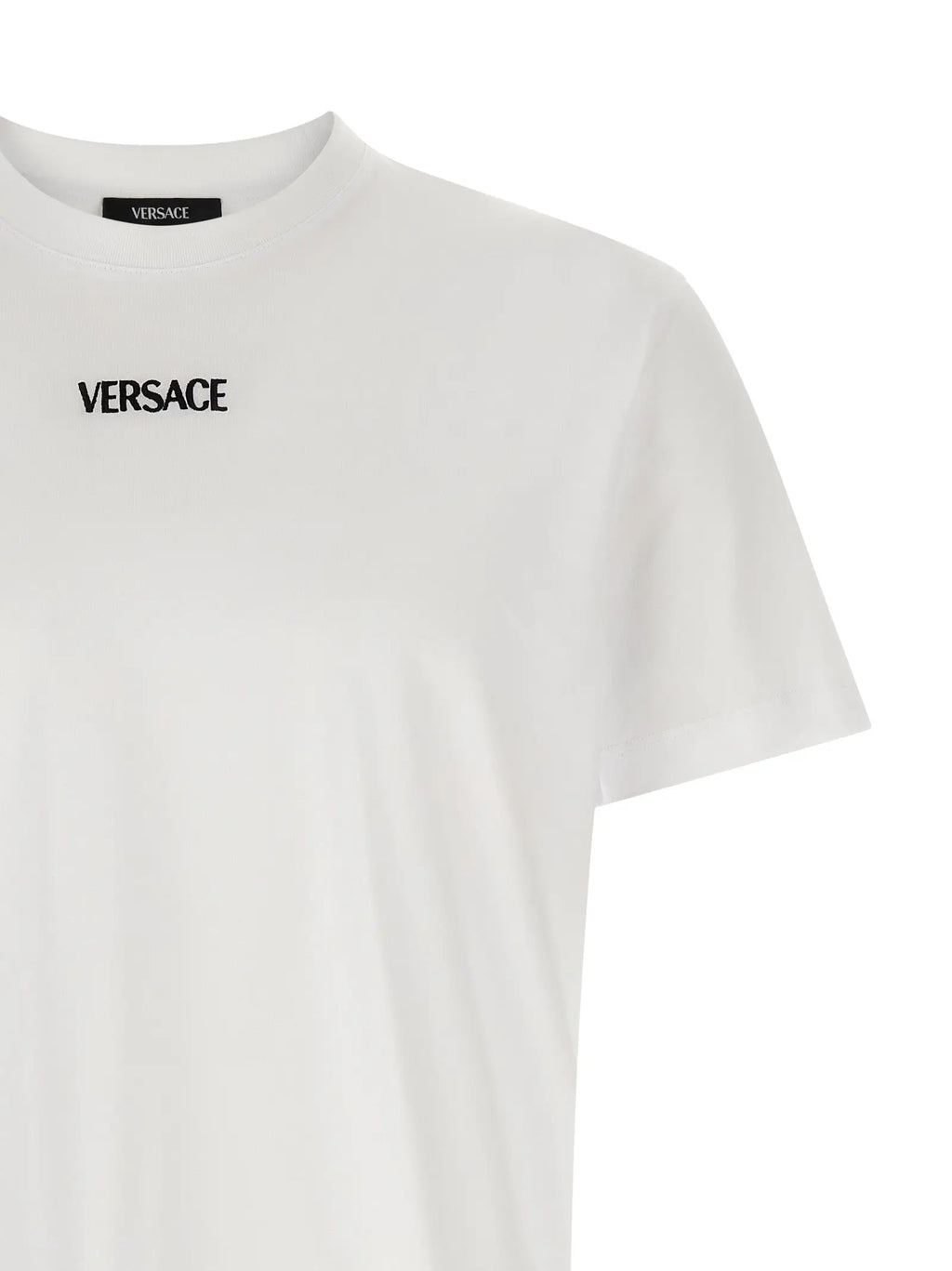 T-shirt Versace blanc en coton avec logo noir brodé et étiquette de marque visible