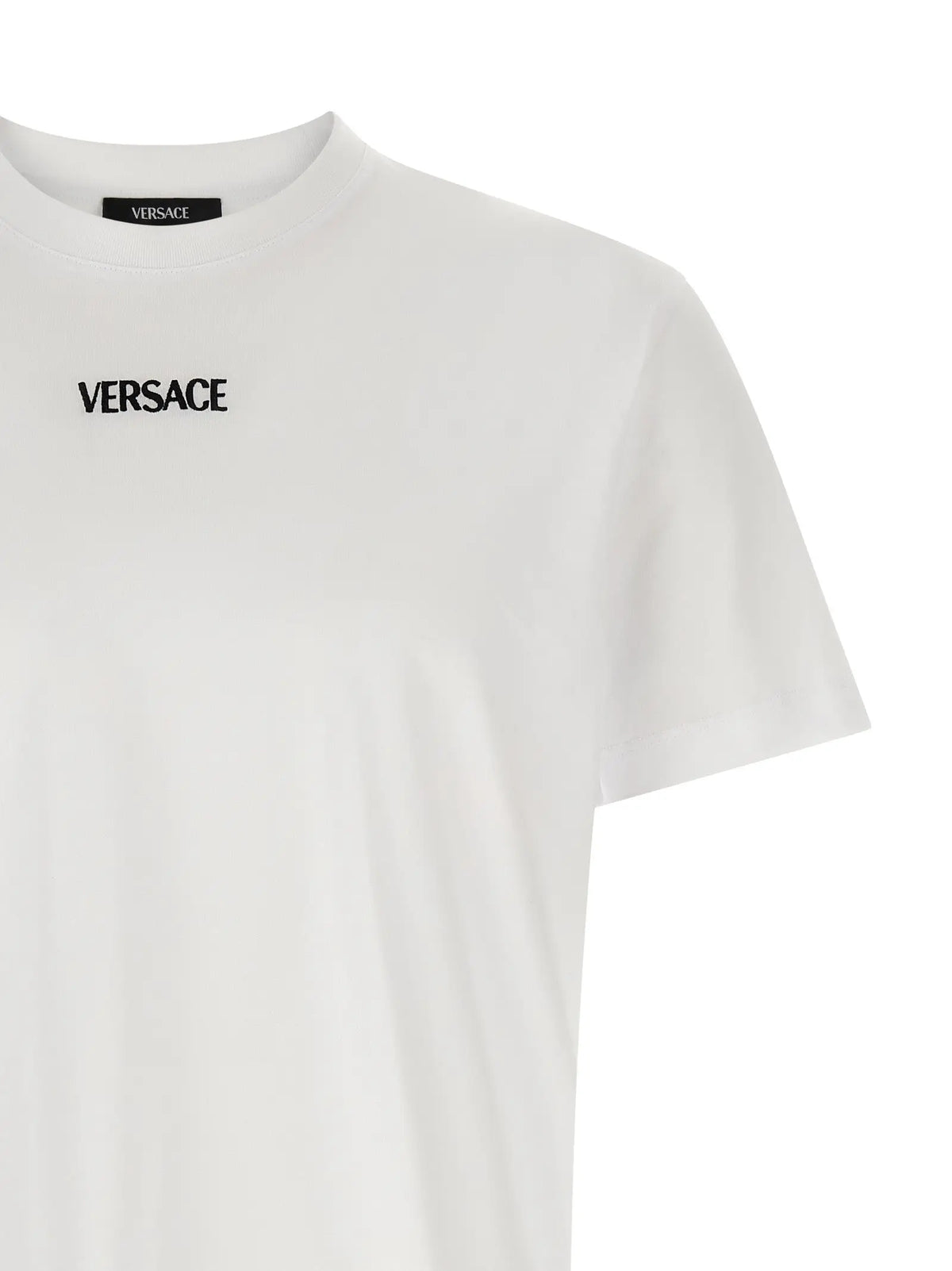 T-shirt Versace blanc en coton avec logo noir brodé et étiquette de marque visible