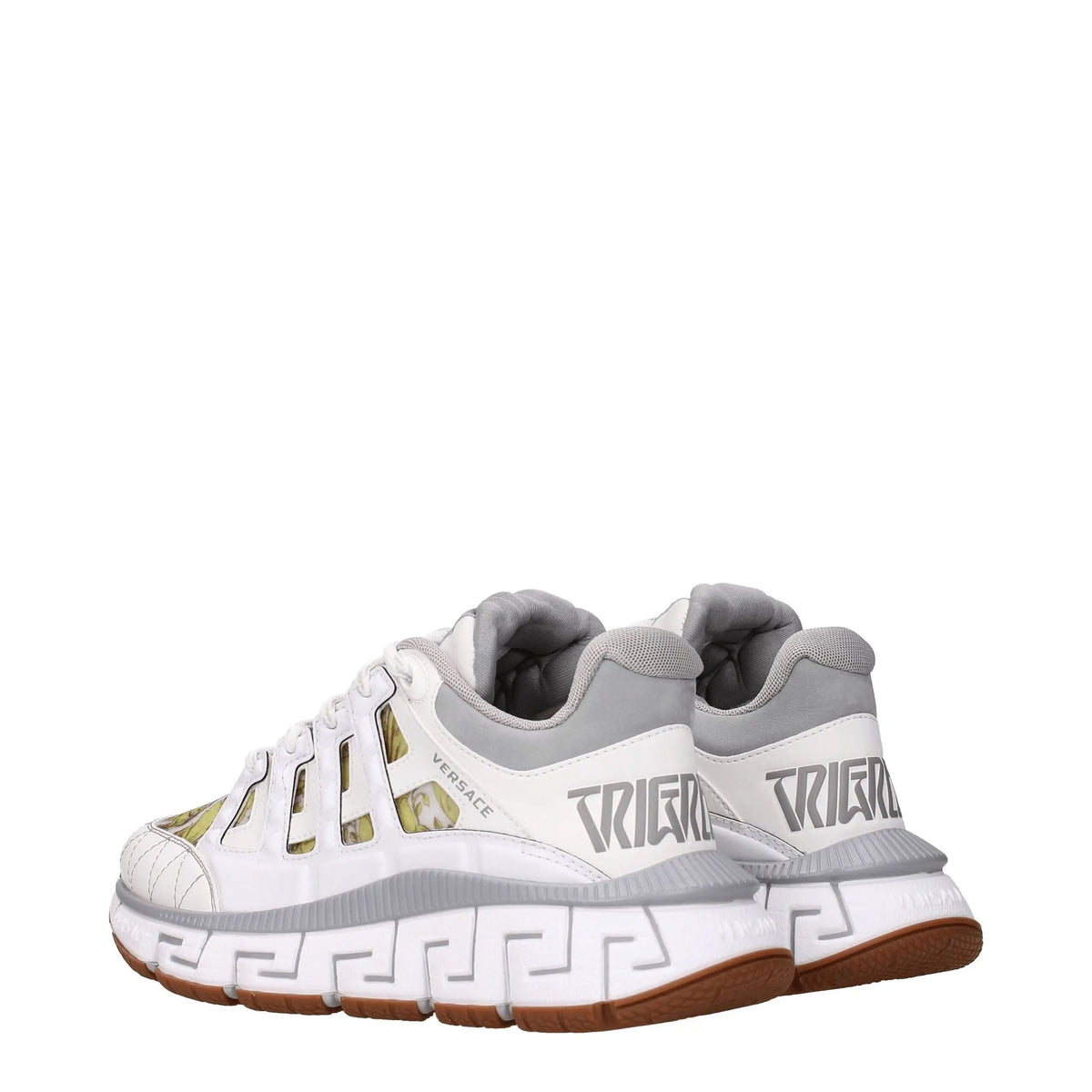 Baskets athlétiques versace blanches en cuir avec détails en mesh gris, accents olive et semelle à motif grec clé
