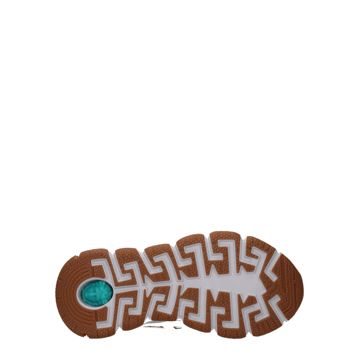 Semelle de chaussure géométrique marron et blanc avec accent circulaire bleu sarcelle pour sneakers athlétiques en cuir blanc versace