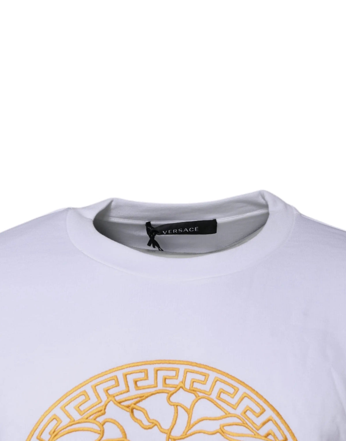 Pull over versace blanc avec broderie medusa dorée en coton à col rond