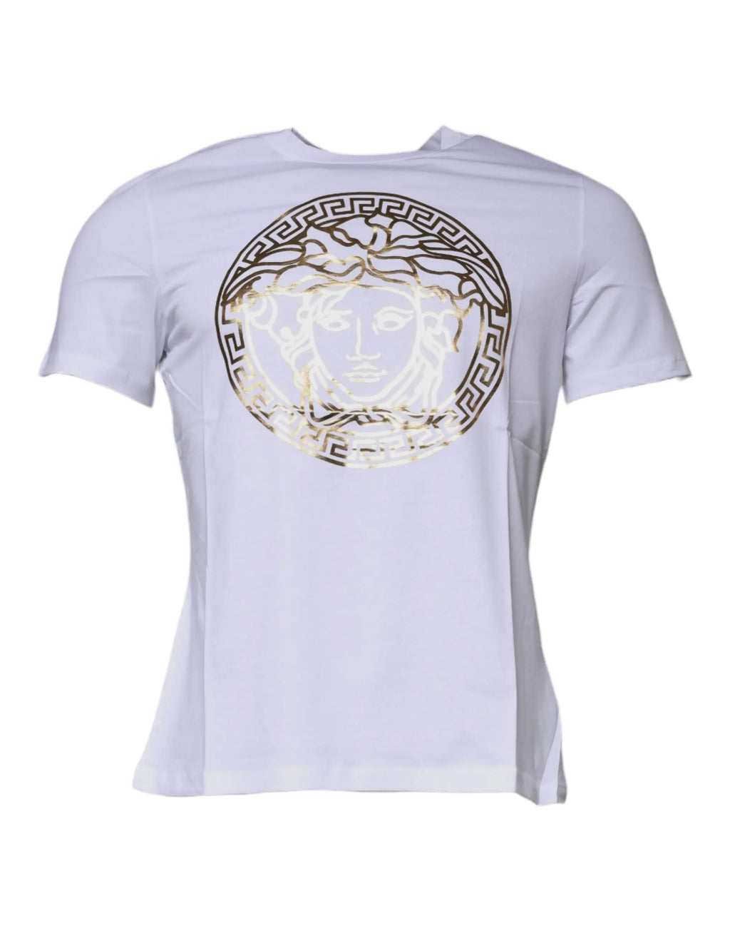 T-shirt blanc versace en coton avec grand logo medusa doré embossé et bordure grecque