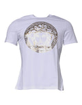 T-shirt versace blanc en coton avec grand logo tête de médusa embossé en or et bordure clé grecque