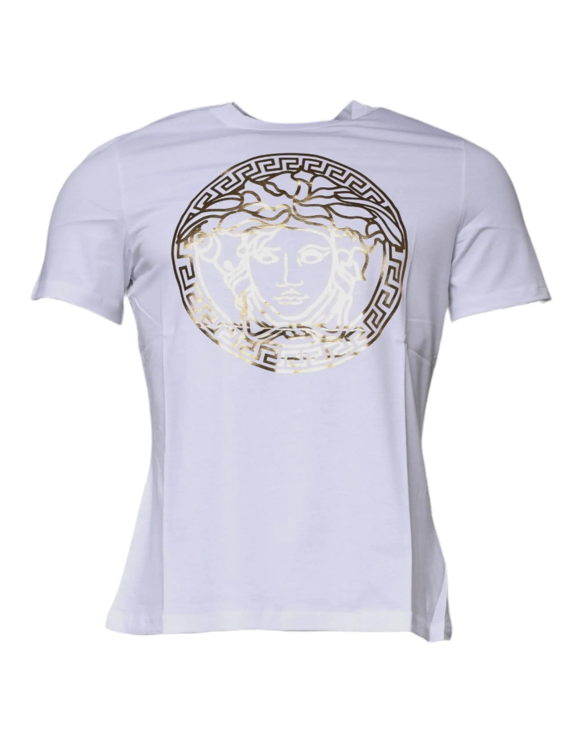 T-shirt versace blanc en coton avec grand logo tête de médusa embossé en or et bordure clé grecque