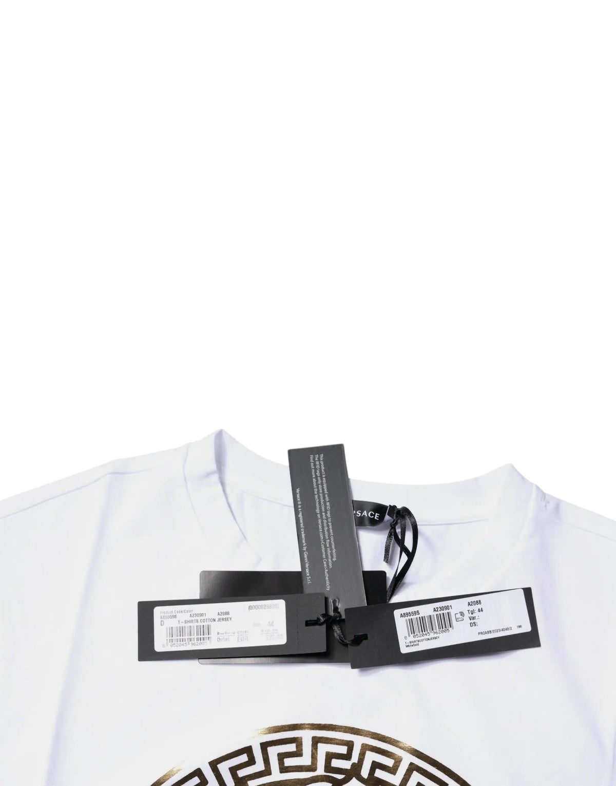 T-shirt blanc versace en coton avec motif medusa et motif clé grecque doré sur la poitrine