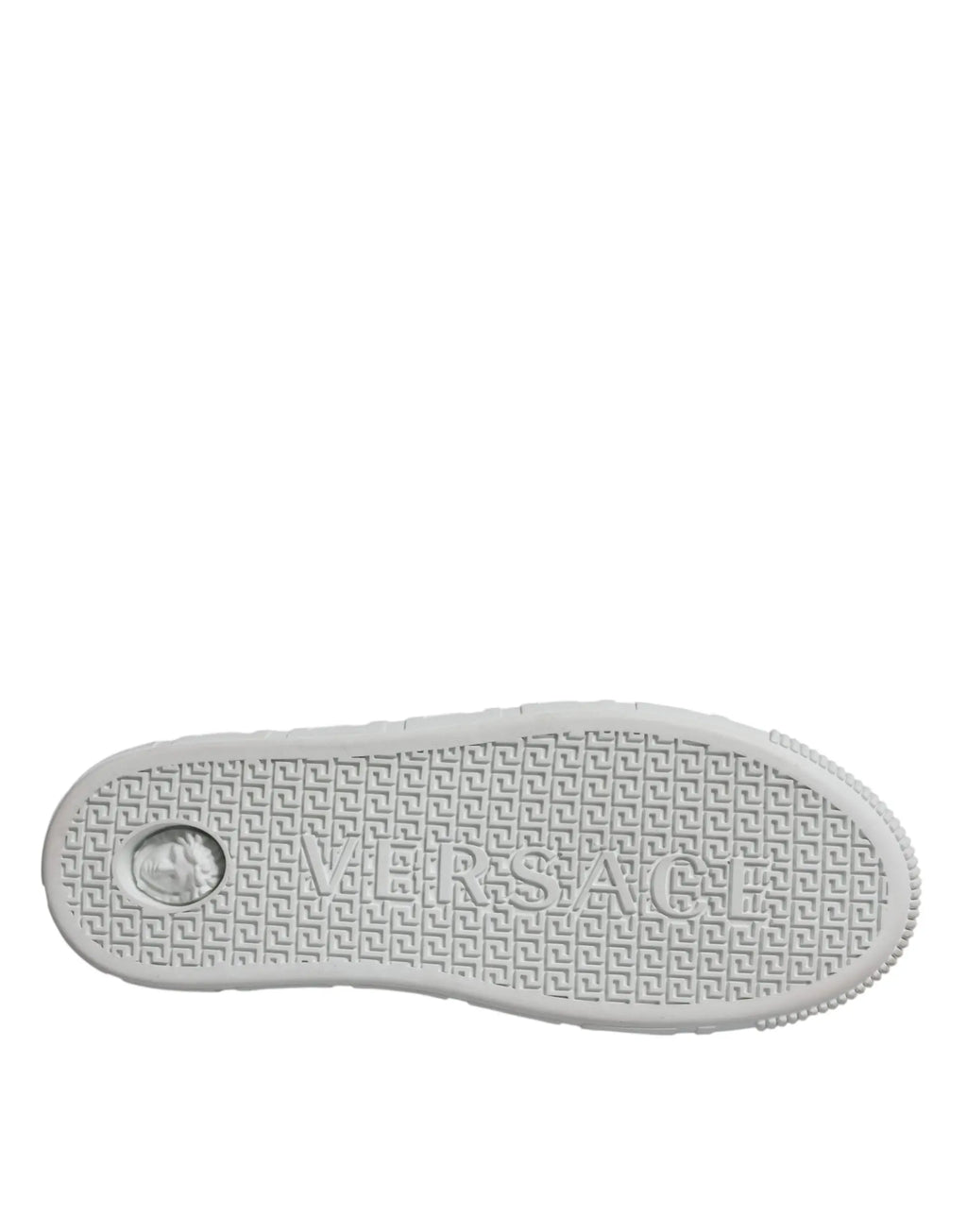 Semelle blanche en caoutchouc de baskets versace basses à plateforme avec motif grecque embossé et logo blanc rose