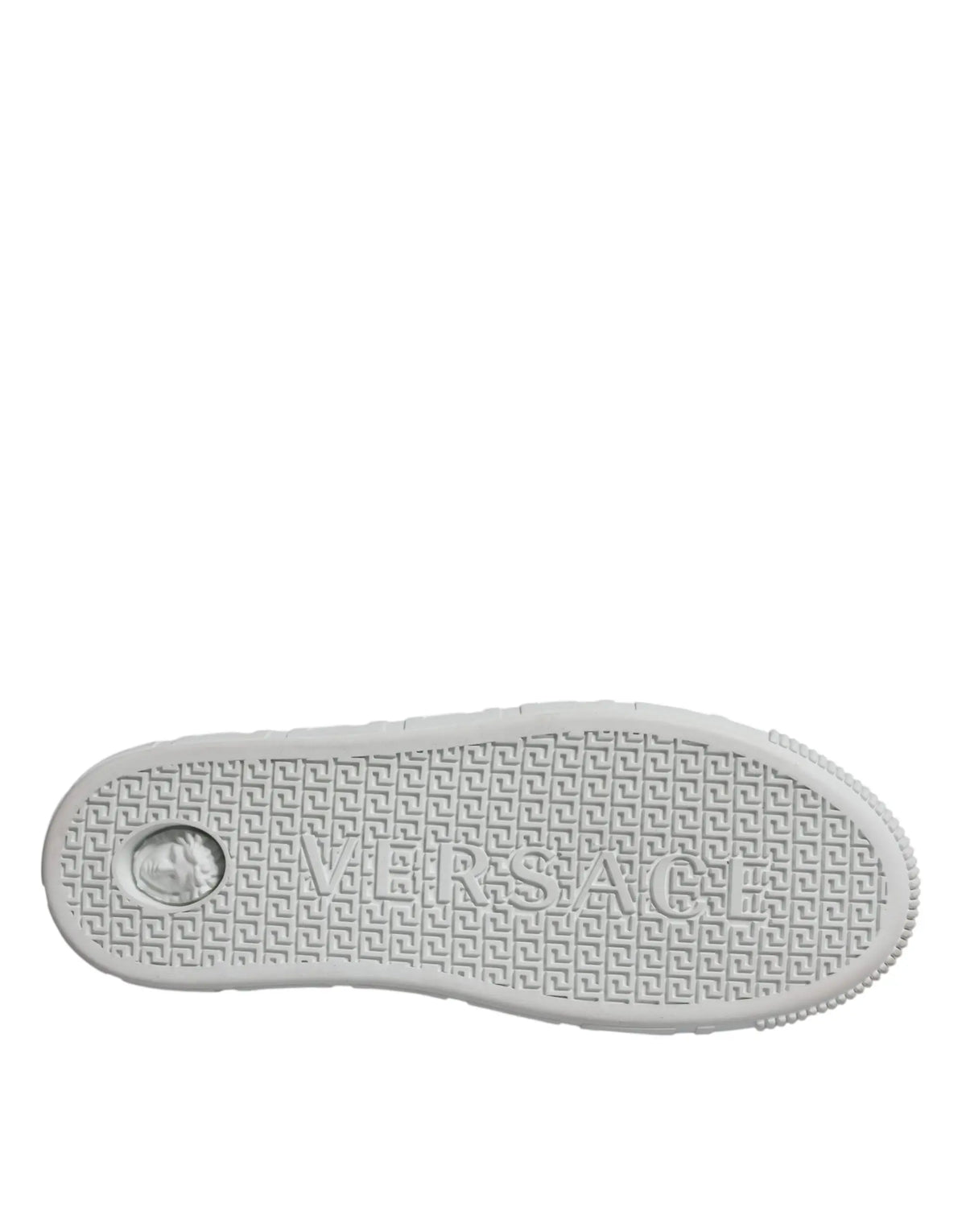 Semelle blanche en caoutchouc de baskets versace basses à plateforme avec motif grecque embossé et logo blanc rose