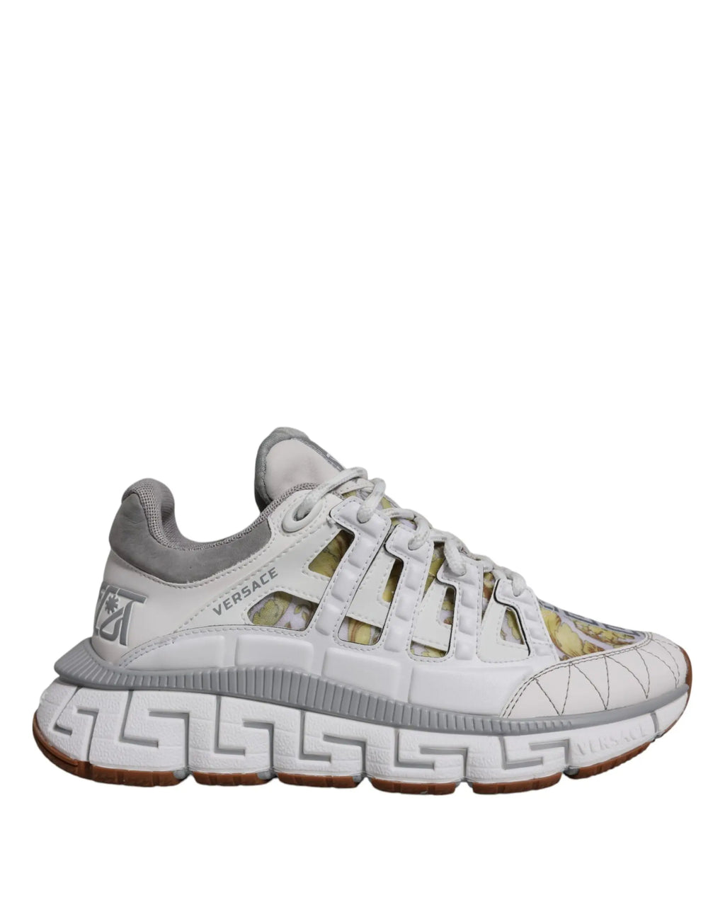 Versace white trigreca barocco print low top sneakers with white and gray mesh panels and greek key pattern sole