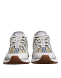 Versace white trigreca barocco print low top sneakers featuring bold gold and black greek key pattern with brown soles