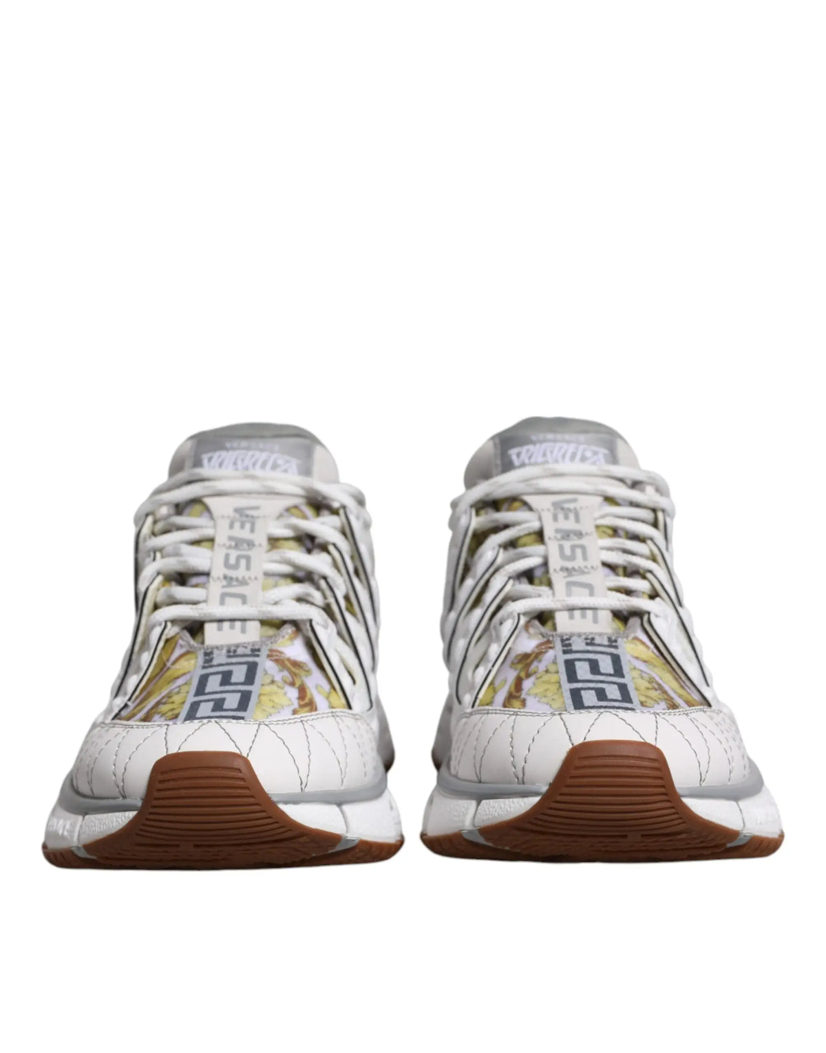 Versace white trigreca barocco print low top sneakers featuring bold gold and black greek key pattern with brown soles