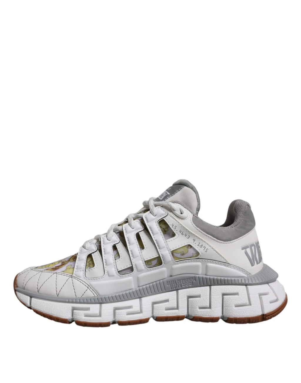 Versace white trigreca barocco print low top sneakers with grey mesh panels camouflage accents and greek key sole pattern