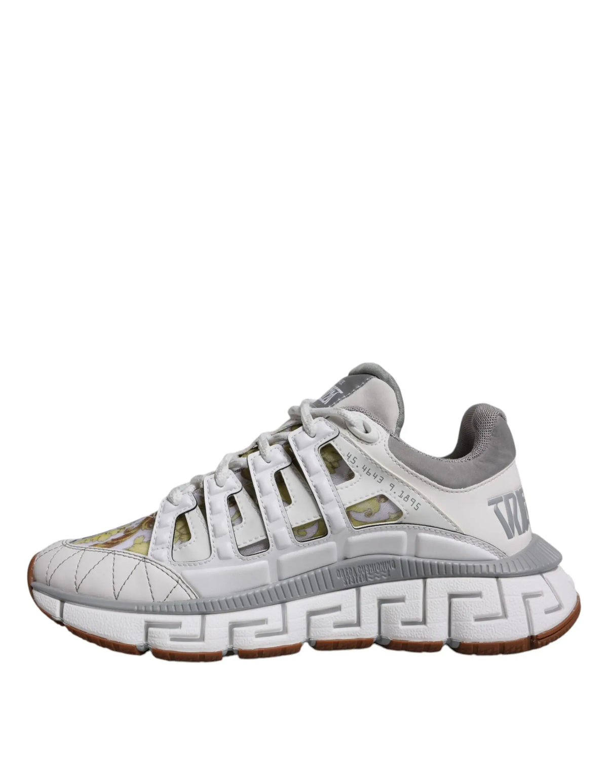 Versace white trigreca barocco print low top sneakers with grey mesh panels camouflage accents and greek key sole pattern