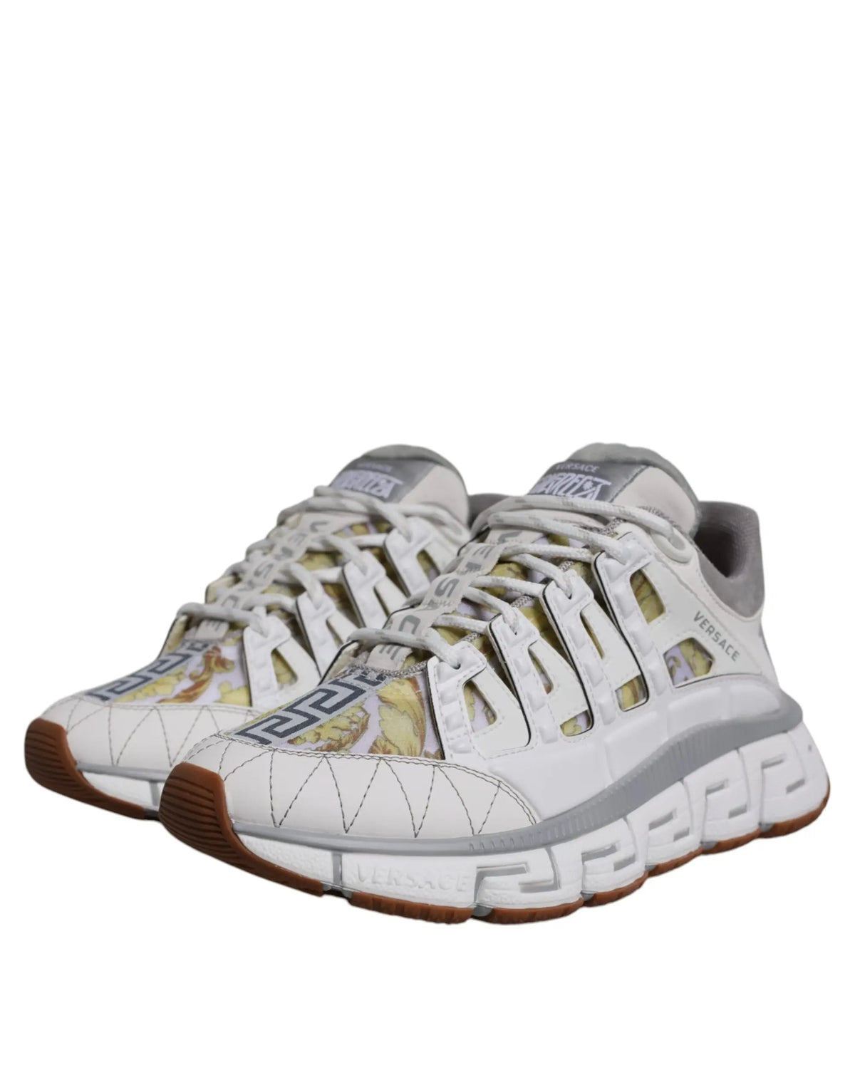 Versace white trigreca barocco print low top sneakers with greek key pattern gray accents and brown rubber soles